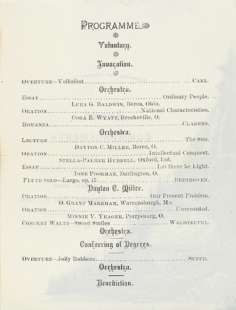 1886 commencement program, with Dayton C. Miller both providing a lecture and a flute solo - From the BW University Archives